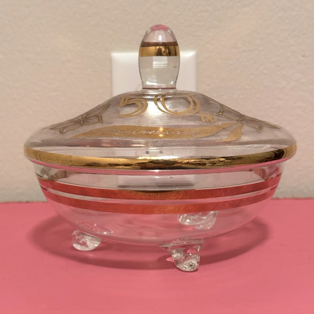 Vintage Hand Painted Amber Glass Lidded Candy Dish Applied Glass.